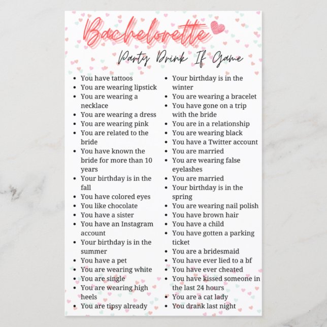 Bachelorette Party Drink If Game (Front)