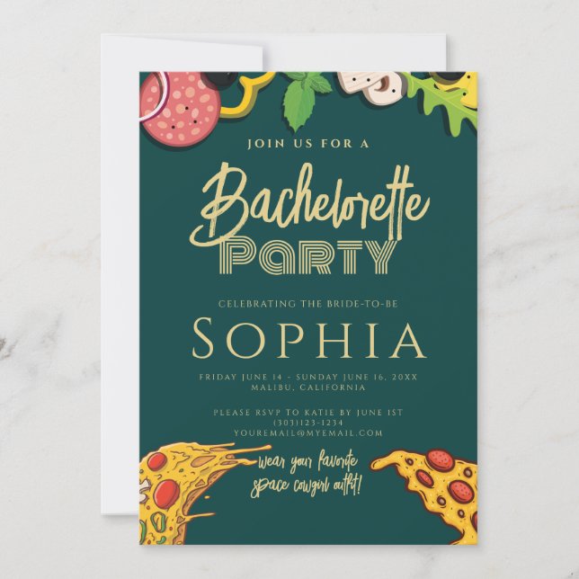 Bachelorette Party Emerald Green Gold PIZZA Modern Invitation (Front)