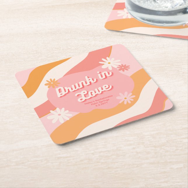 Bachelorette Party Favour Retro Pink Drunk in Love Square Paper Coaster (Angled)