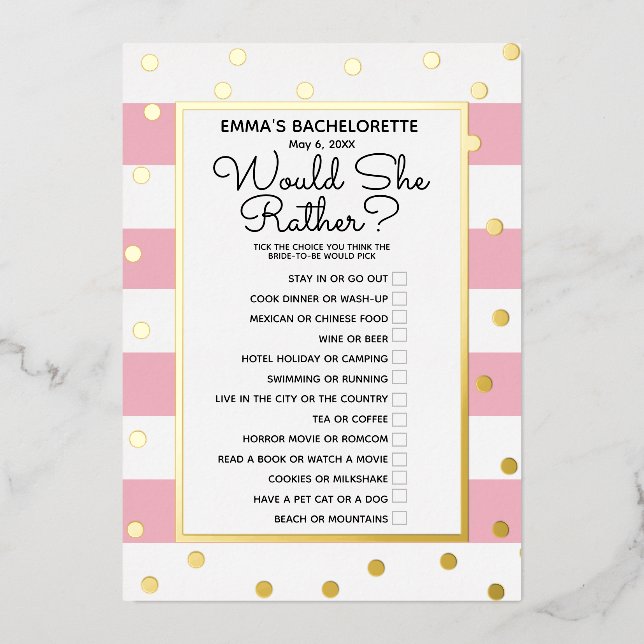 Bachelorette Party Game - Would She Rather? Bride  (Front)
