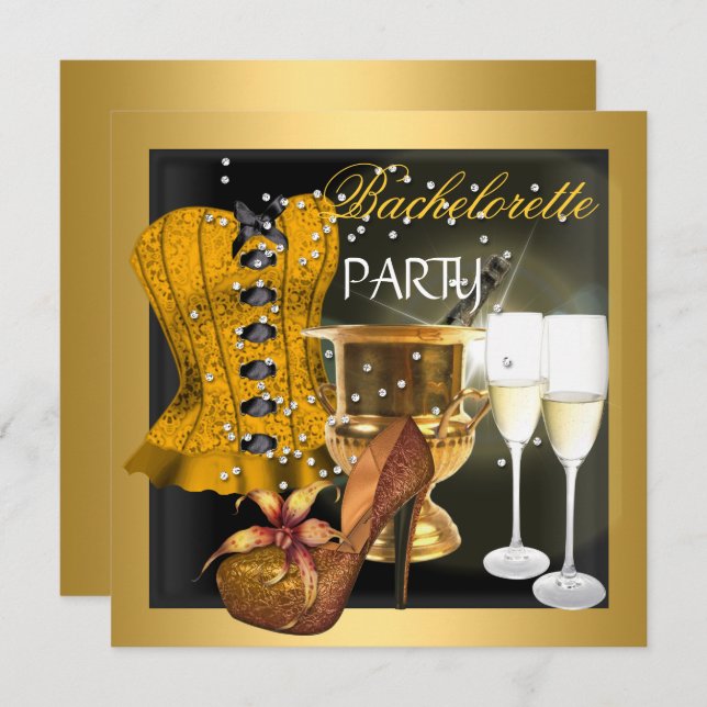 Bachelorette Party Gold Black Corset Shoes Invitation (Front/Back)