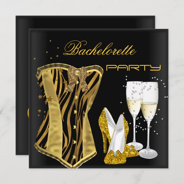 Bachelorette Party Gold Black Corset Zebra Shoes Invitation (Front/Back)