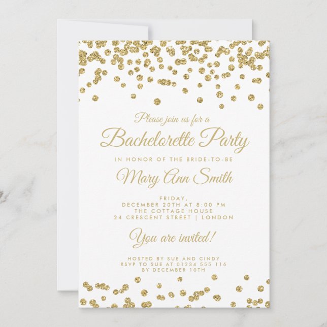 Bachelorette Party Gold Faux Glitter Confetti Invitation (Front)