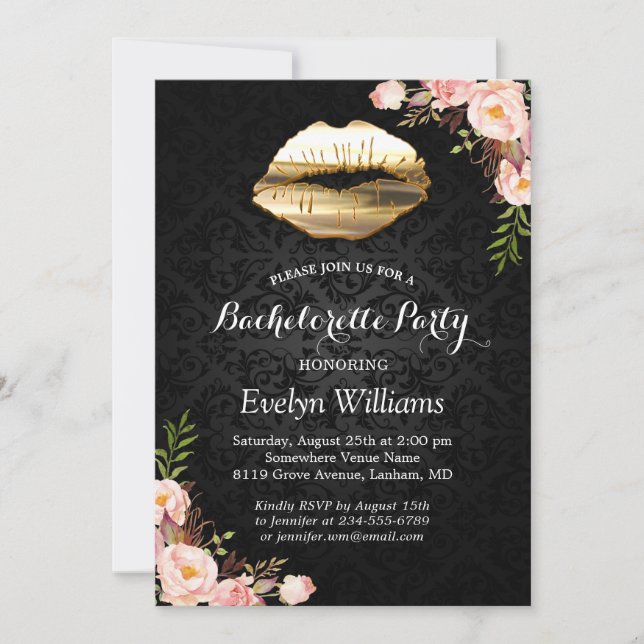 Bachelorette Party Gold Lips Damask Blush Floral Invitation (Front)