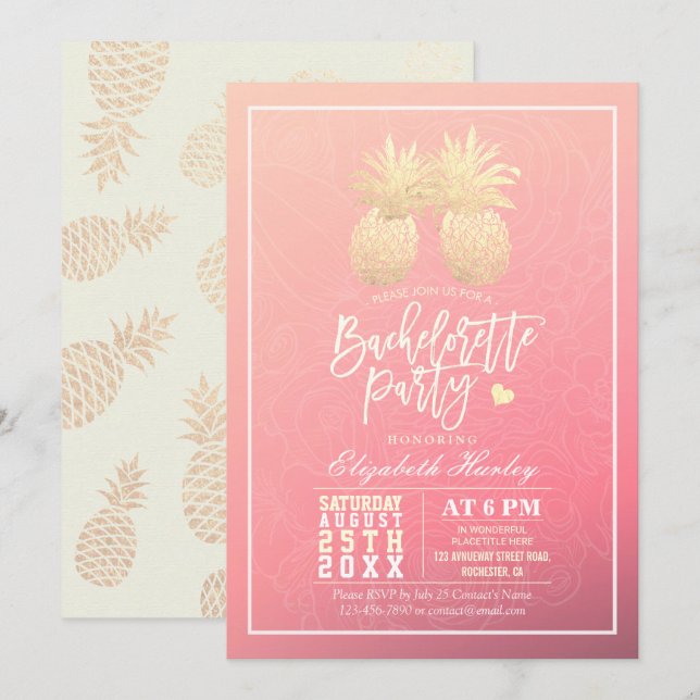 Bachelorette Party Gold Pineapple Couple Pink Rose Invitation (Front/Back)
