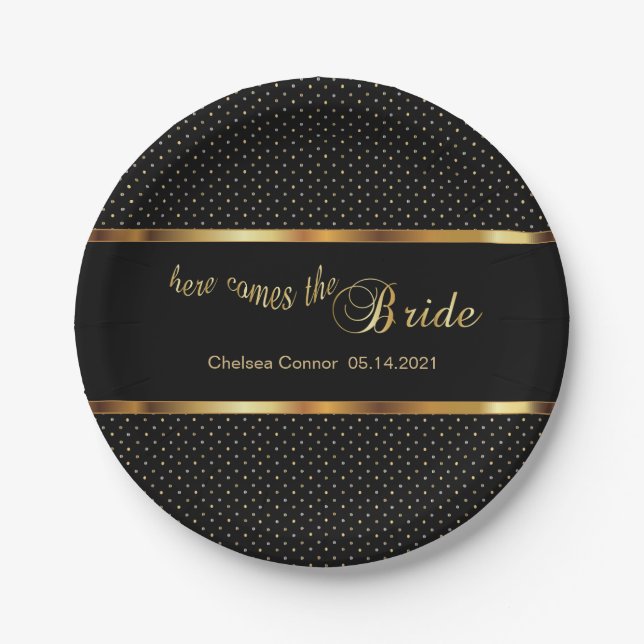 Bachelorette Party - Here Comes The Bride - Black Paper Plate (Front)