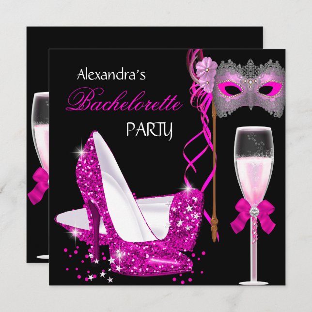 Bachelorette Party Hot Pink Masquerade Champagne Invitation (Front/Back)