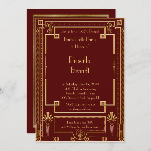Bachelorette party invitation, great Gatsby, red Invitation (Front/Back)