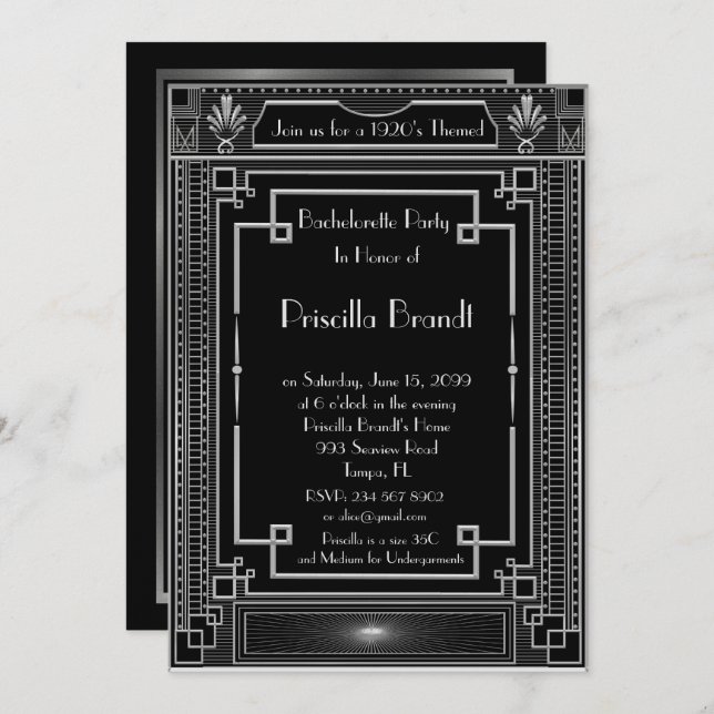 Bachelorette party invitation, great Gatsby,silver Invitation (Front/Back)