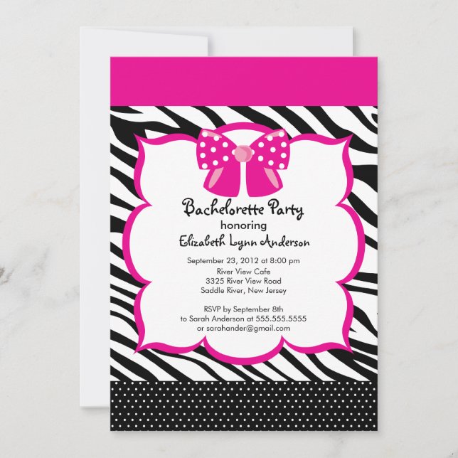 Bachelorette Party Invitation Pink  Black Zebra (Front)