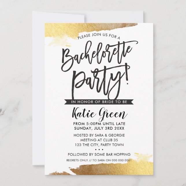 BACHELORETTE PARTY INVITE modern luxe gilded gold (Front)