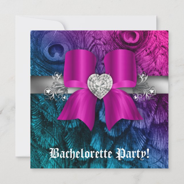 Bachelorette Party Invite Peacock Bow Pink Heart (Front)