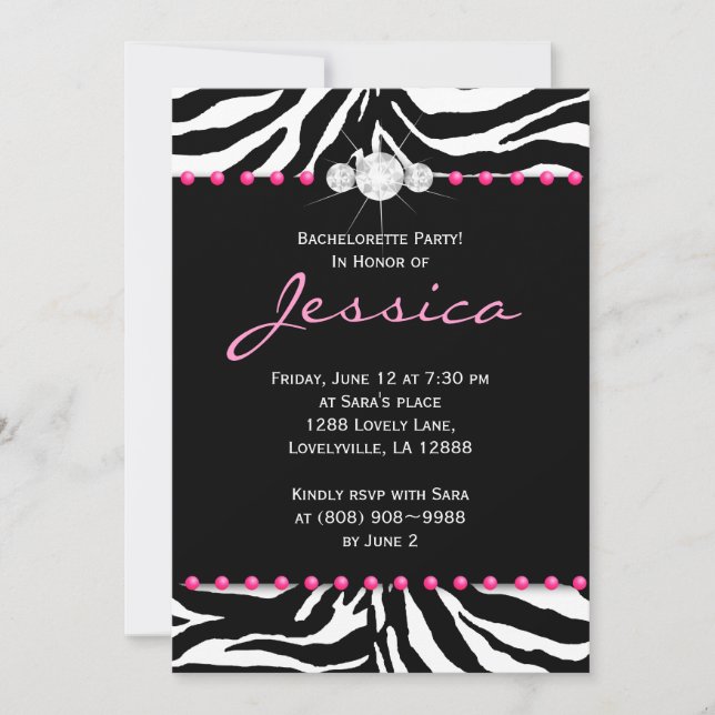 Bachelorette Party Invite Zebra Pink Jewellery 8 (Front)