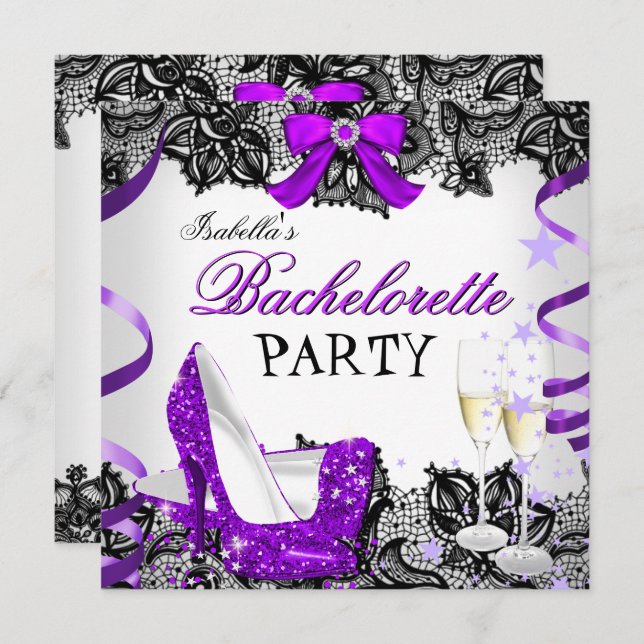 Bachelorette Party Lace Purple High Heel Champagne Invitation (Front/Back)