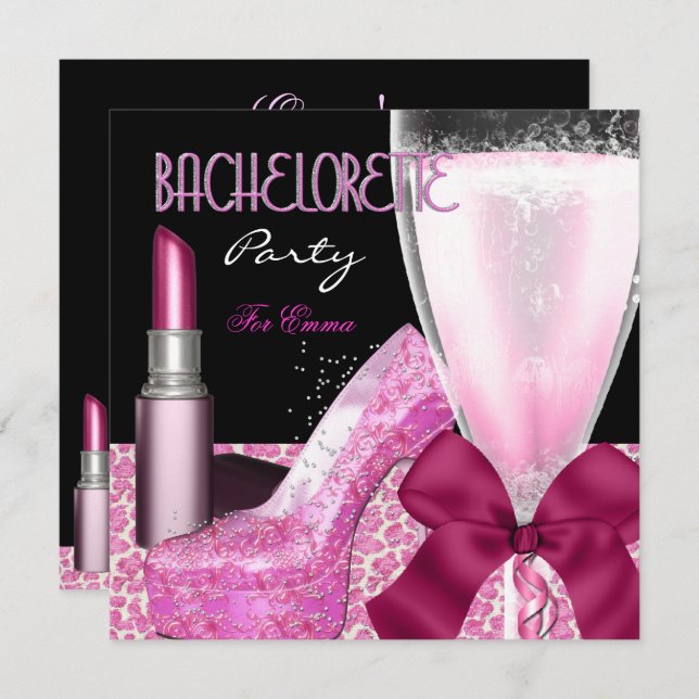 Bachelorette Party Lipstick Pink Champagne Invitation (Front/Back)