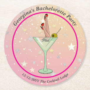Bachelorette Party Martini Glass Legs Stilettos Round Paper Coaster