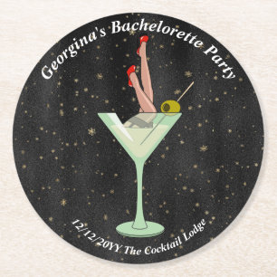 Bachelorette Party Martini Glass Legs Stilettos Round Paper Coaster