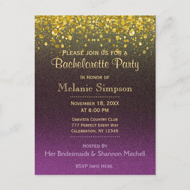Bachelorette Party | Modern Gold and Purple Card (Front)