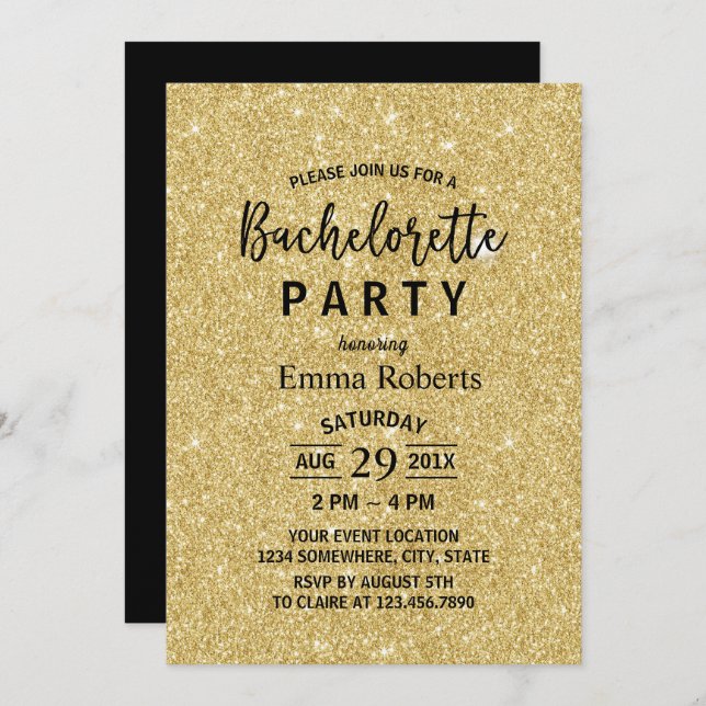 Bachelorette Party Modern Gold Glitter Sparlkes Invitation (Front/Back)