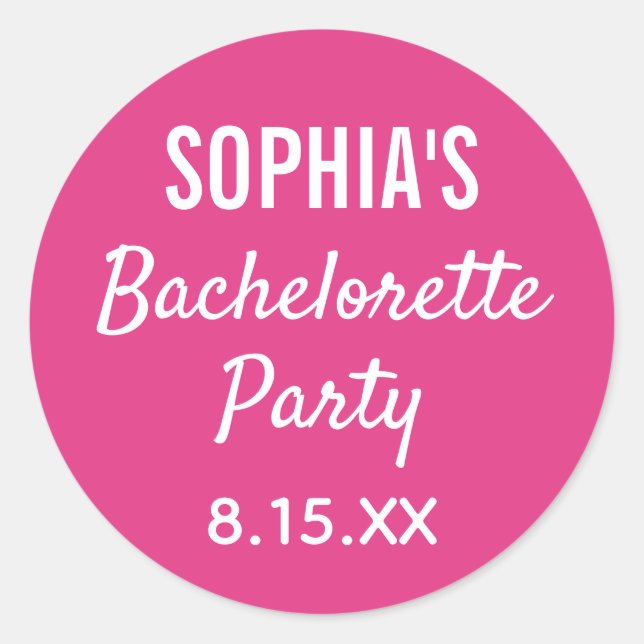 Bachelorette Party Modern Typography Pink Wedding Classic Round Sticker (Front)