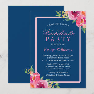 Bachelorette Party Navy Blue Purple Pink Floral Invitation