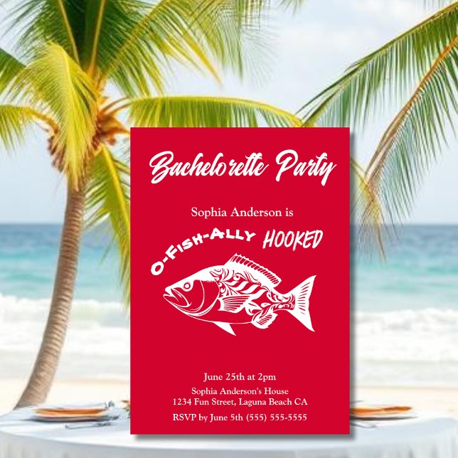 Bachelorette Party "O-fish-ally Hooked" Cherry Red Invitation (Bachelorette Party O-fish-ally Hooked Fisherman Core Hawaiian Fish islander Bachelorette Invitations)