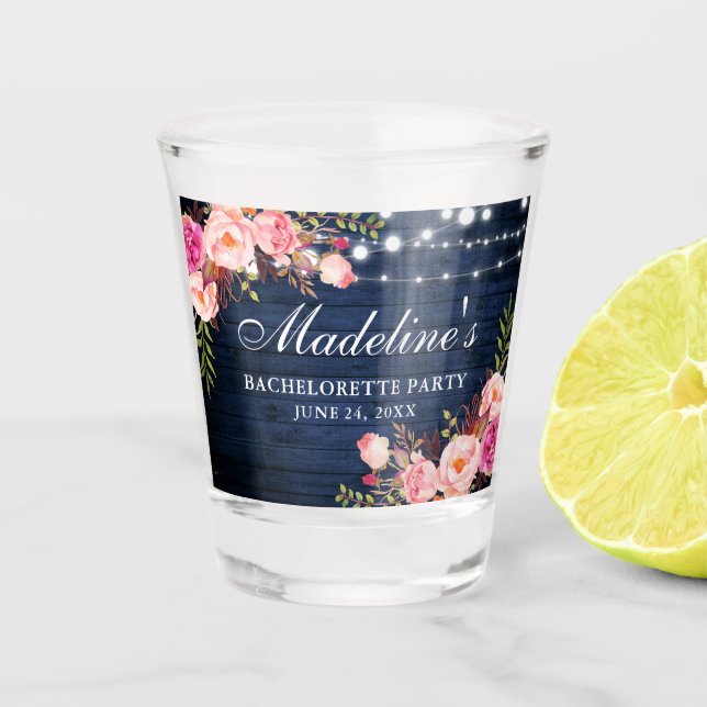 Bachelorette Party Pink Floral Blue Wood Lights Shot Glass (Front)