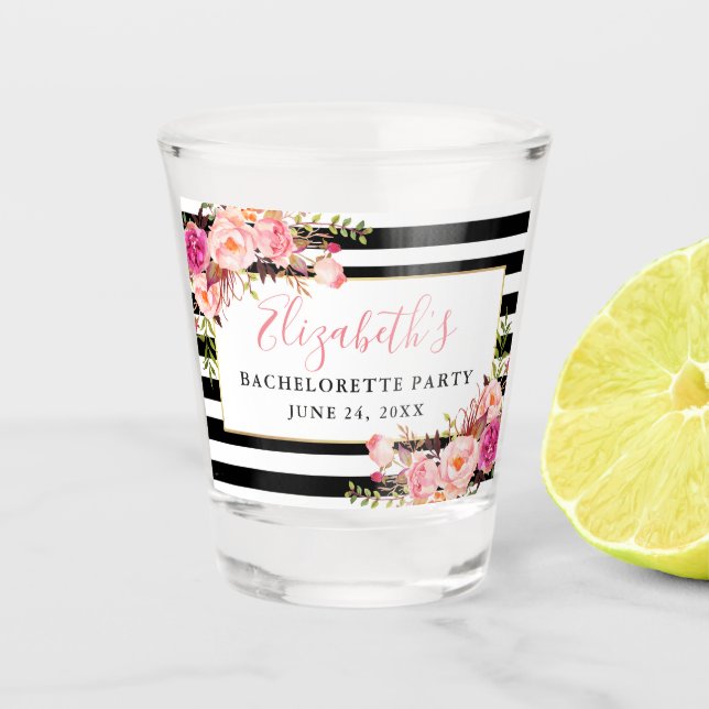 Bachelorette Party Pink Floral Striped Shot Glass (Front)