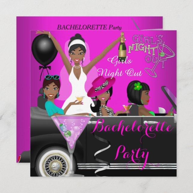 Bachelorette Party Pink Fun Limo Car Cocktails Invitation (Front/Back)