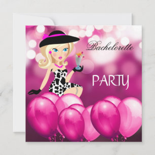 Bachelorette Party Pink Girl Balloons Cocktail 3 Invitation