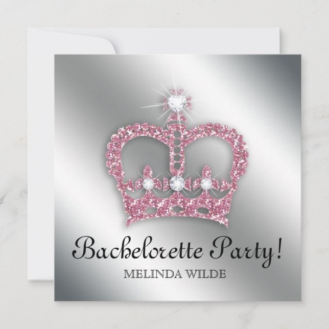 Bachelorette Party Pink Princess Crown Tiara Silve Invitation (Front)