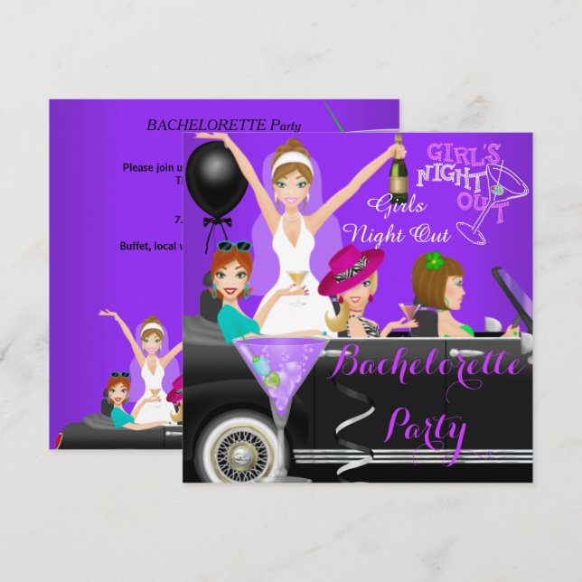 Bachelorette Party Purple Fun Limo Car Cocktails 1 Invitation (Front/Back)