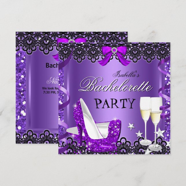 Bachelorette Party Purple High Heel Champagne Invitation (Front/Back)