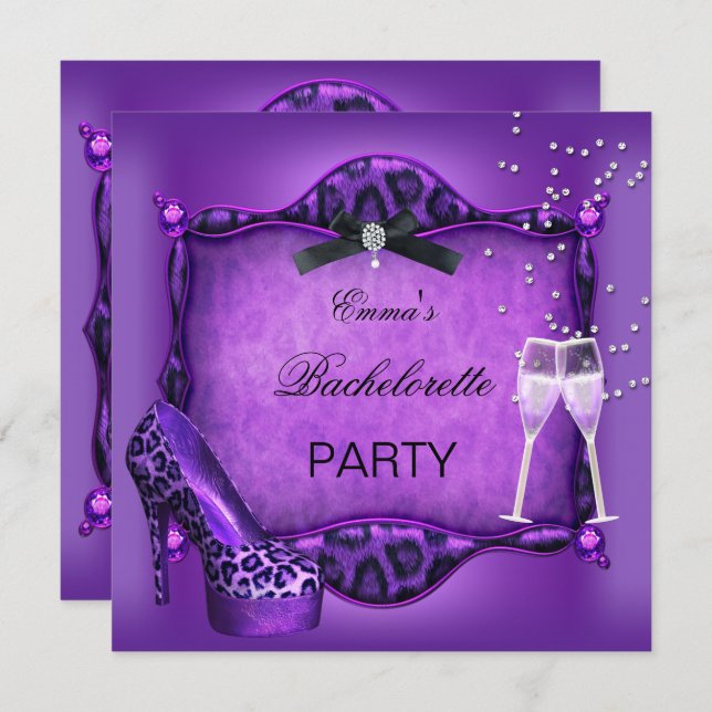 Bachelorette Party Purple Leopard Black Shoes 2 Invitation (Front/Back)