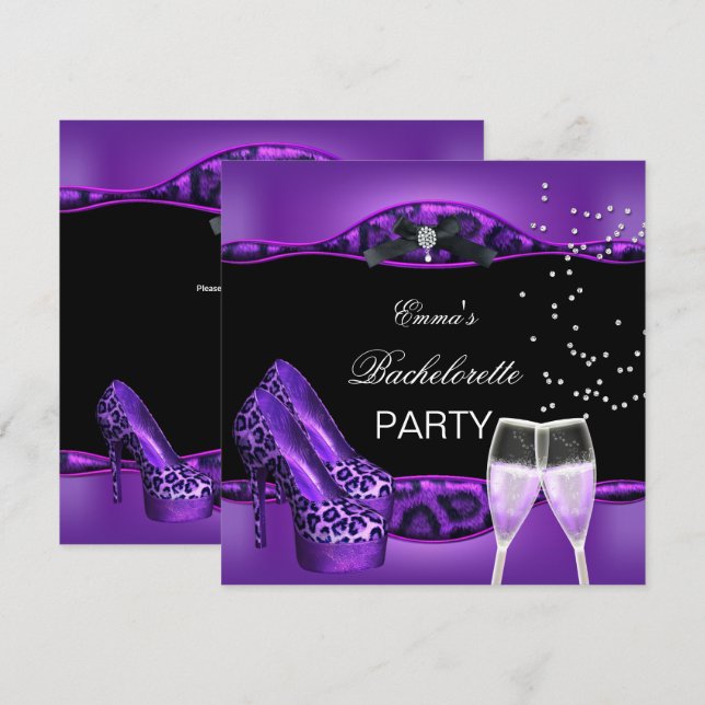 Bachelorette Party Purple Leopard Black Shoes 4 Invitation (Front/Back)