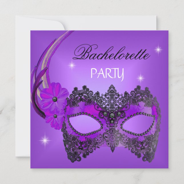 Bachelorette Party Purple Mask Black Invitation (Front)