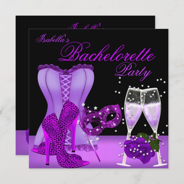 Bachelorette Party Purple Mask Leopard Heel Corset Invitation (Front/Back)