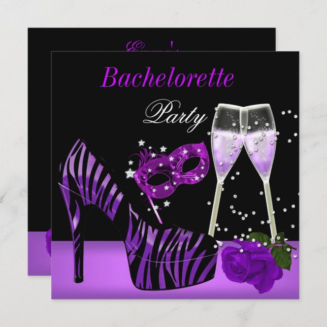 Bachelorette Party Purple Mask Shoes Champagne 2 Invitation (Front/Back)