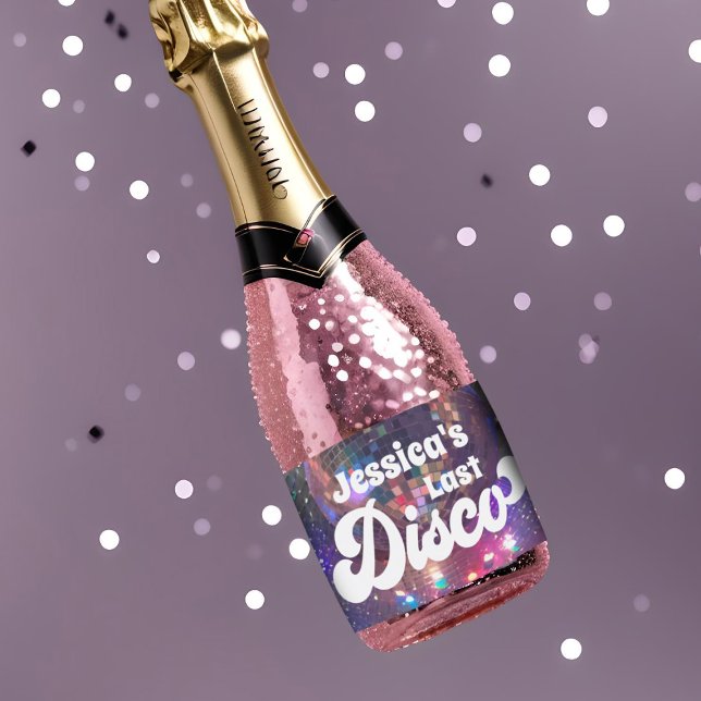 Bachelorette Party Purple Mirror Ball Last Disco Sparkling Wine Label (Last disco themed bachelorette party mini champagne bottle labels in purple and pink)