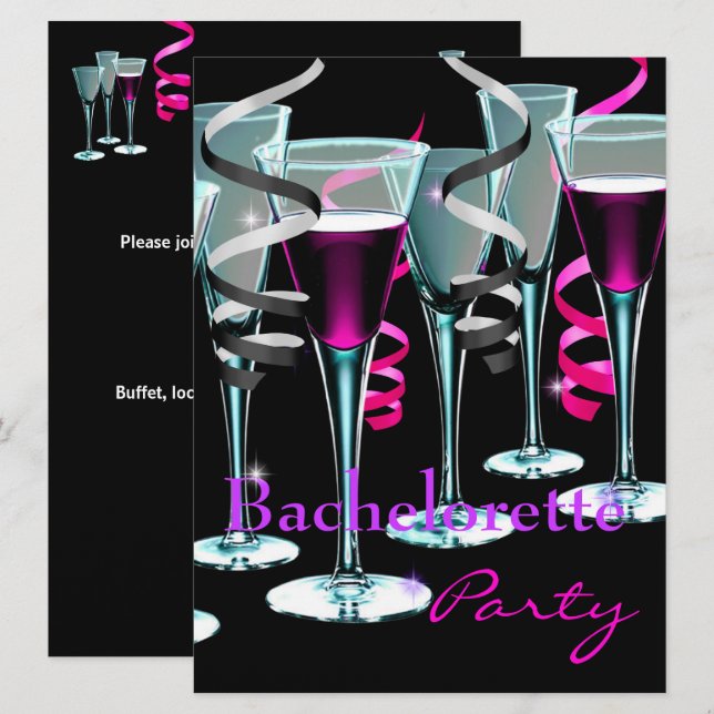 Bachelorette Party Purple Pink Black Drinks Invitation (Front/Back)