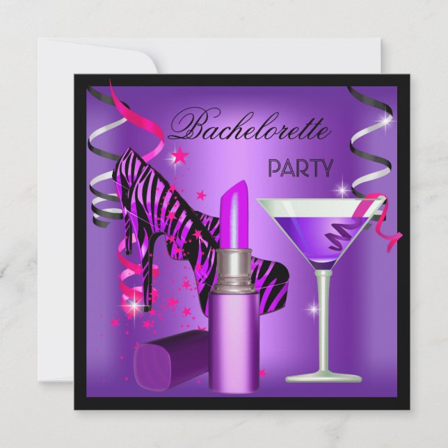 Bachelorette Party Purple Pink Zebra Lipstick Invitation (Front)