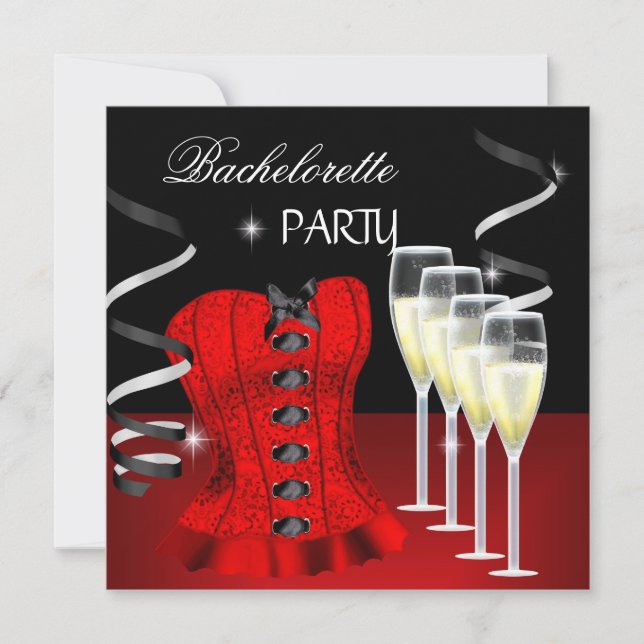 Bachelorette Party Red Corset Black Champagne Invitation (Front)