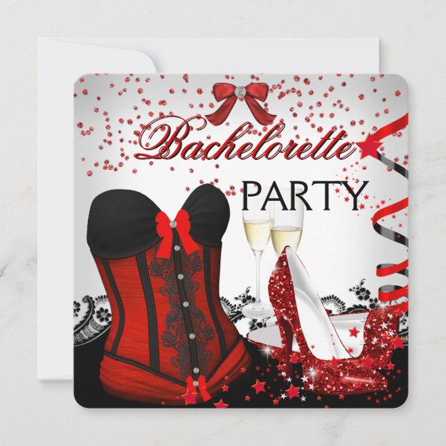 Bachelorette Party Red Corset high heels Champagne Invitation (Front)