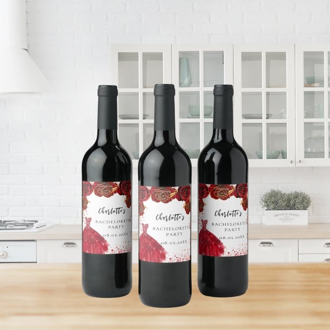 Bachelorette party red white dress flowers wine label (Creator Uploaded)