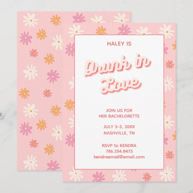 Bachelorette Party Retro Pink Daisy Drunk in Love Invitation (Front/Back)
