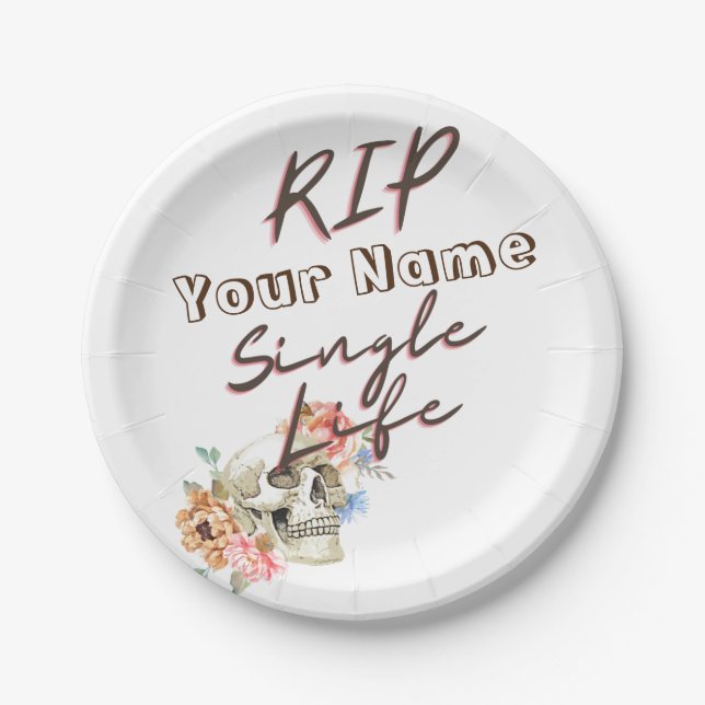 Bachelorette Party RIP Single Life Skull Flower Paper Plate (Front)