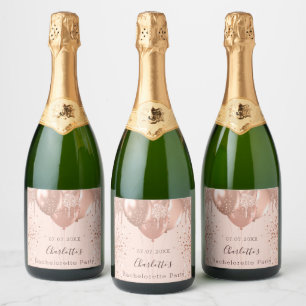 Bachelorette party rose gold blush balloon sparkling wine label