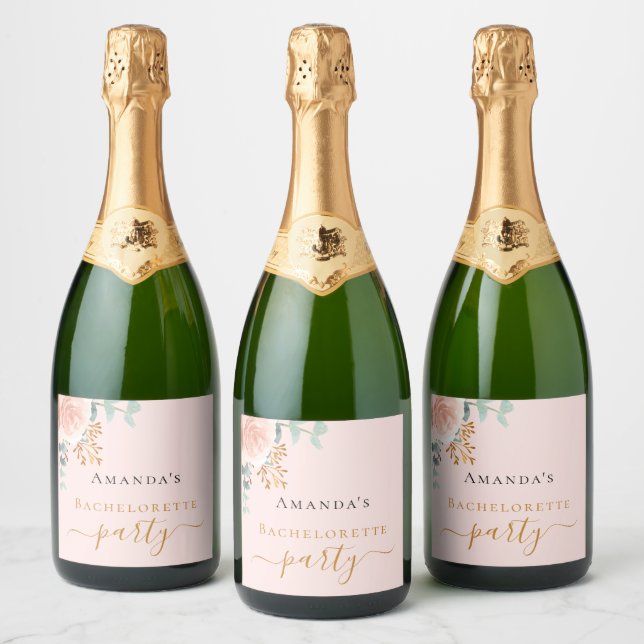 Bachelorette party rose gold floral pink script sparkling wine label (Bottles)
