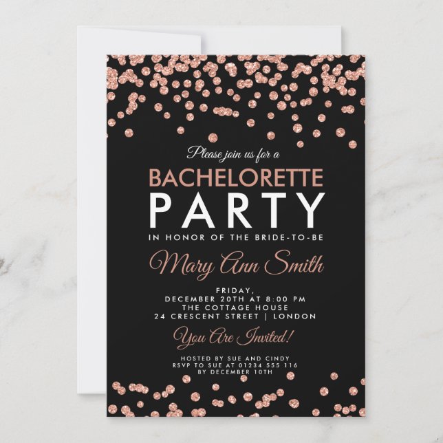 Bachelorette Party Rose Gold Glitter Confetti Blac Invitation (Front)