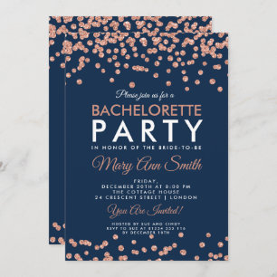 Bachelorette Party Rose Gold Glitter Confetti Navy Invitation